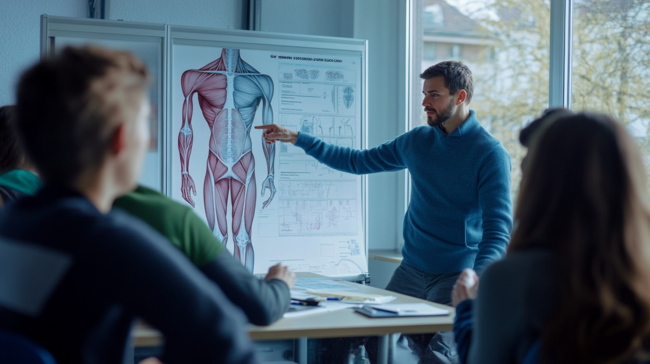 Formateur en anatomie expliquant la structure musculaire à des étudiants en thérapies complémentaires dans une salle de cours moderne en Suisse